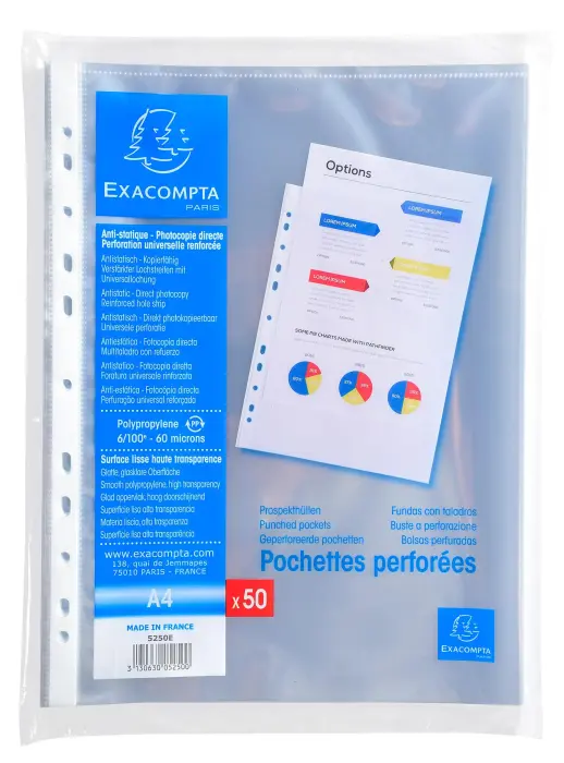 Sachet de 50 pochettes perforées polypropylène lisse 6/100e - A4 - Cristal