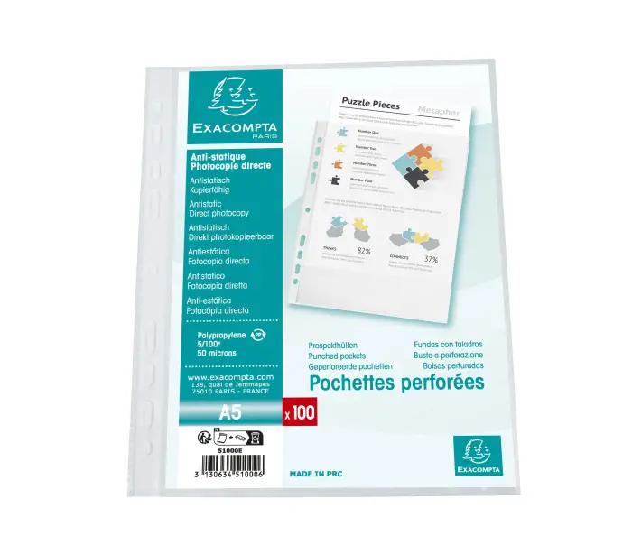 Sachet de 100 pochetttes perforées Polypropylène grainé 5/100e - A5 - Cristal