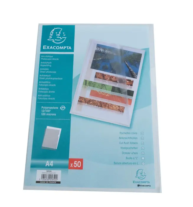 Sachet 50 pochettes coin polypropylène grainé 12/100e - A4 - Cristal