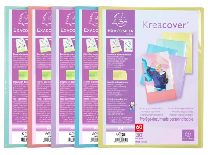 Protège-documents en polypropylène Kreacover Pastel 60 vues - A4 - Couleurs assorties