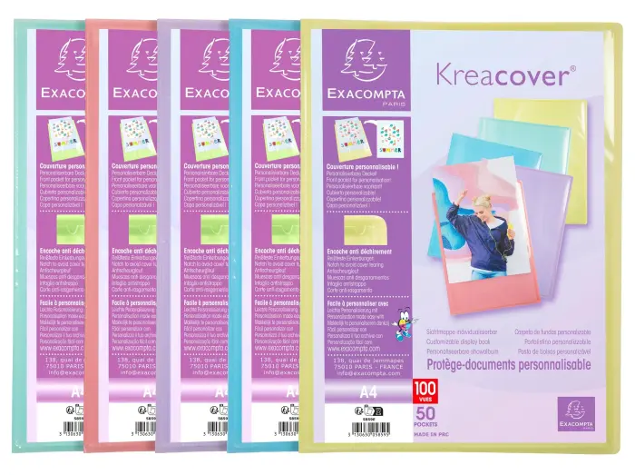 Protège-documents en polypropylène Kreacover Pastel 100 vues - A4 - Couleurs assorties