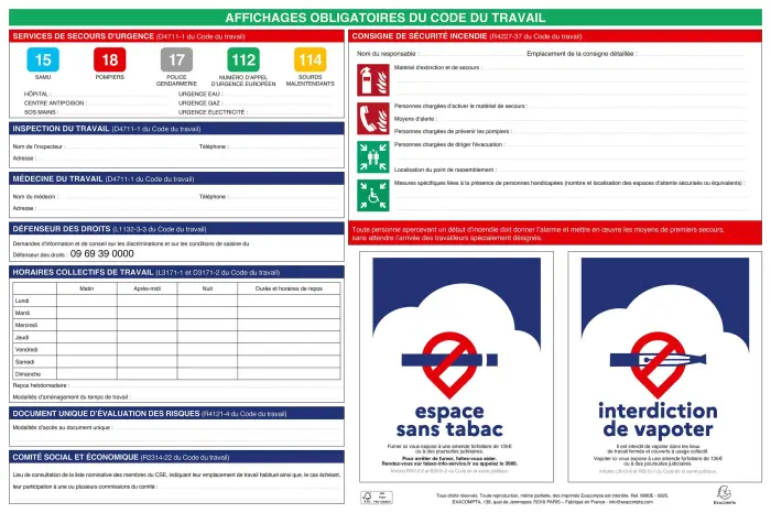 Affichages obligatoires du code du travail 60x40 cm - Blanc