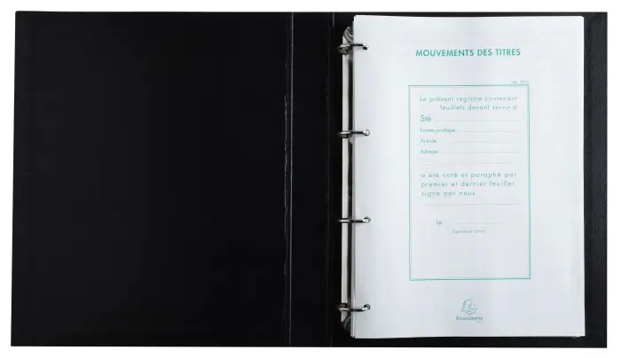 Reliure registre 32x26cm 4 anneaux avec recharge de 100 feuillets imprimés - Mouvements de titres - Noir