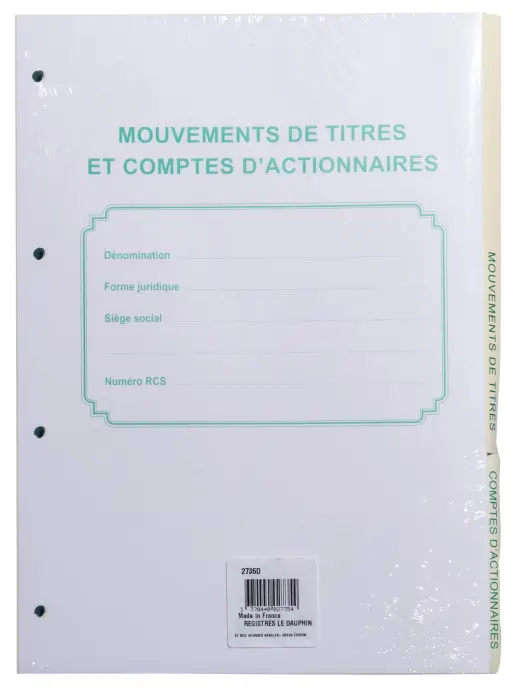 Recharge numérotée/perforée 58 feuillets unis blanc, épaisseur du papier 90g, avec gardes titrées pour classeurs Mouvements de titres, liste des actionnaires - Format A4 - Autre
