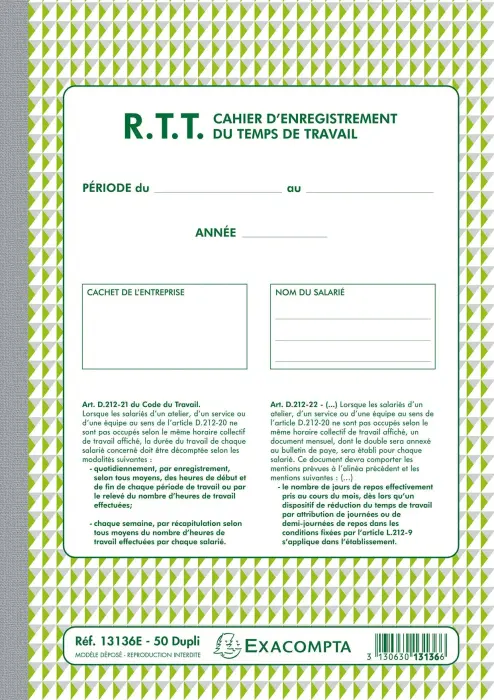 Manifold R.T.T Enregistrement du temps de travail 50 feuillets dupli autocopiants