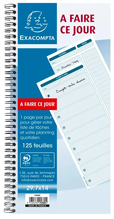Carnet spiralé 29,7x14cm - A faire ce jour - 125 feuilles
