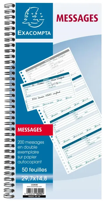 Carnet spiralé 29,7x14,8cm - Messages téléphones (4 à la page) - 50 feuilles dupli autocopiantes