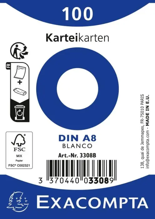 Paquet 100 fiches sous film - bristol uni non perforé 55x74mm - Blanc