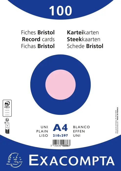 Paquet 100 fiches sous film - bristol uni non perforé 210x297mm - Rose
