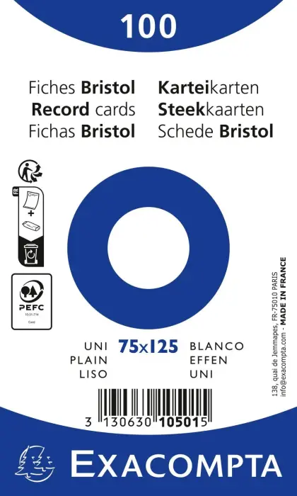 Paquet 100 fiches sous film - bristol uni non perforé - 75x125mm - Blanc