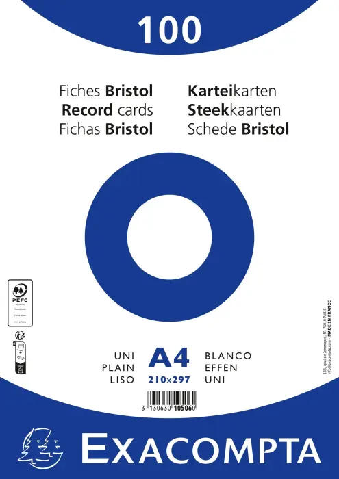 Paquet 100 fiches sous film - bristol uni non perforé - 210x297mm - Blanc