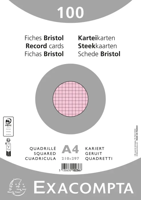 Paquet 100 fiches sous film - bristol quadrillé 5x5 non perforé 210x297mm - Rose