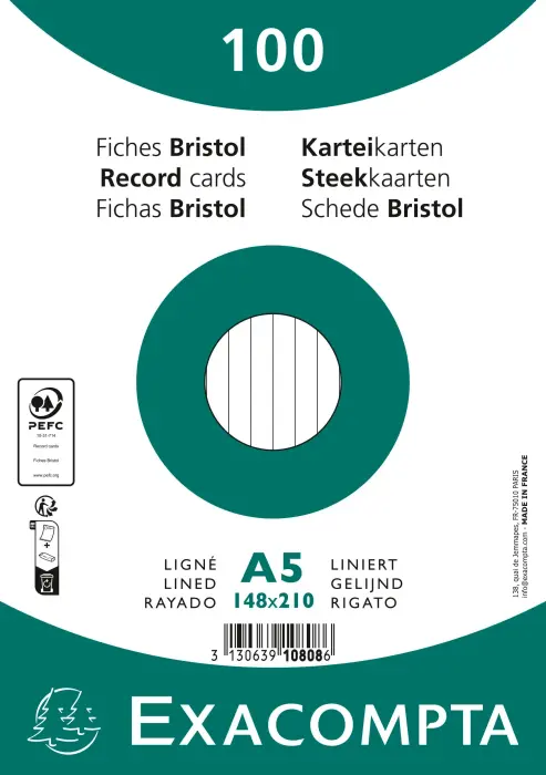 Paquet 100 fiches sous film - bristol ligné non perforé 148x210mm - Blanc