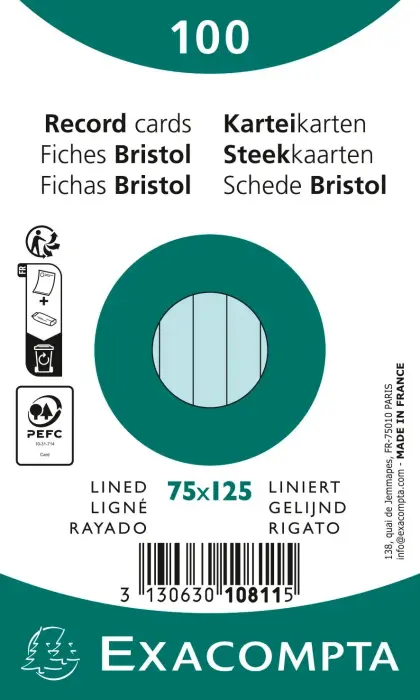 Paquet 100 fiches sous film - bristol ligné non perforé 75x125mm - Bleu ciel