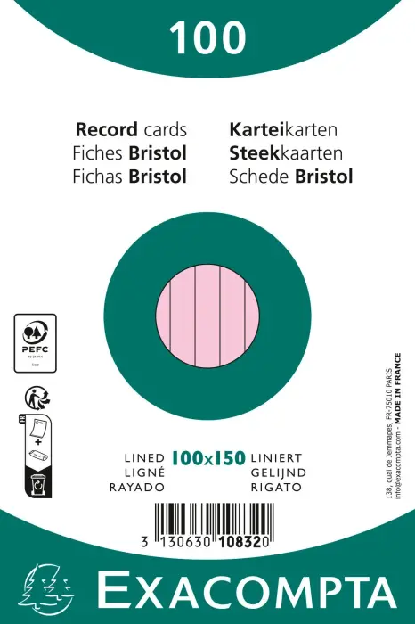 PAQUET 100 FICHES SOUS FILM - BRISTOL LIGNÉ NON PERFORÉ 100X150MM - Rose