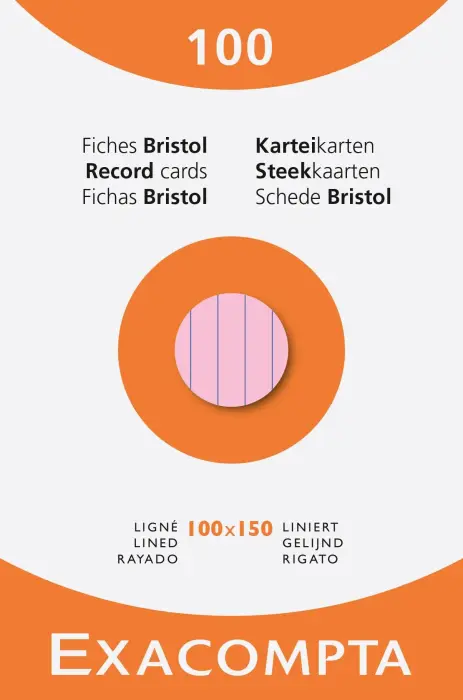 Etui de 100 fiches - bristol ligné non perforé 100x150mm - Couleurs assorties