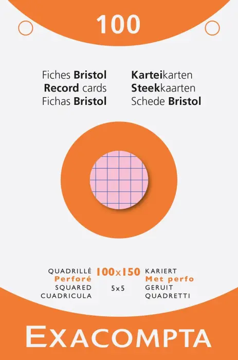 Étui de 100 fiches - bristol quadrillé 5x5 perforé 100x150mm - Couleurs assorties