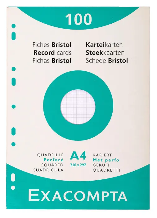 Étui de 100 fiches - bristol quadrillé 5x5 perforé 210x297mm - Blanc