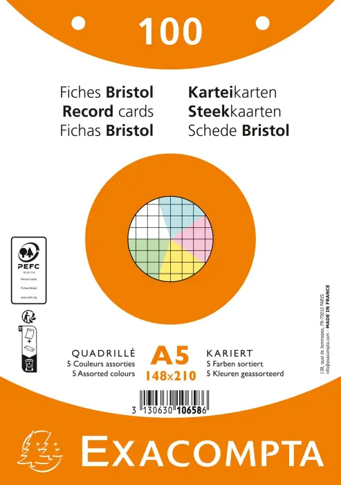 Paquet 100 fiches sous film - bristol quadrillé 5x5 perforé - 148x210mm - Couleurs assorties