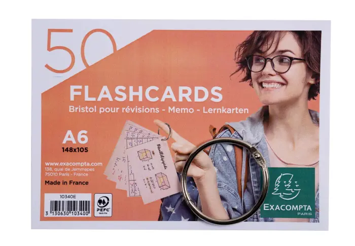 Paquet de 50 Flashcards sous film + anneau - bristol ligné perforé - format A6 - Couleurs assorties
