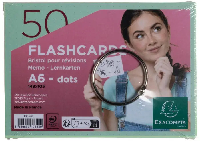Paquet de 50 Flashcards sous film + anneau - bristol dots perforé - Format A6 - Vert