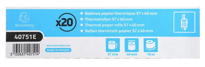 Bobine pour tickets de carte bancaire 57x40mm - 18m - 1 pli thermique 55g/m2. - Blanc