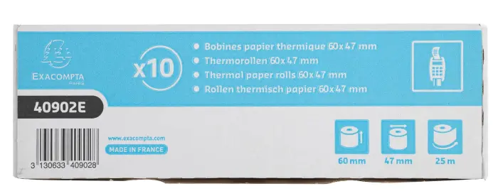 Bobine pour tickets de carte bancaire 60x47mm - 25m - 1 pli thermique 55g/m2. - Blanc
