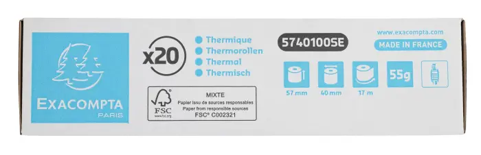 Bobine pour tickets de carte bancaire 57x40mm - 17m - 1 pli thermique 55g/m2. - Blanc