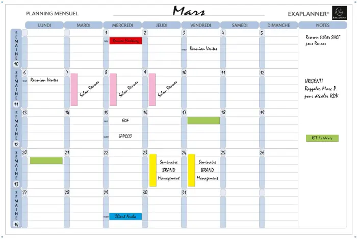 Planning magnétique mensuel - textes en français - Blanc