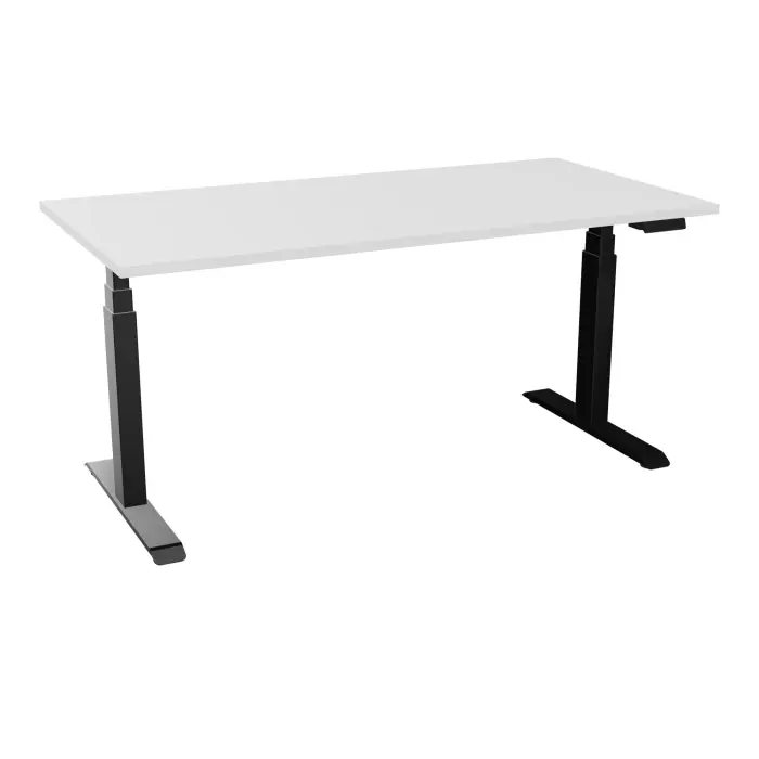 Bureau rectangulaire ERIN L. 160 x P. 80 cm x Ep 25 mm mélamine blanc neige piètements I motorisés réglables en haut avec boîtier de cde memoires de position + USB A+C finition métal lisse noir - version EU