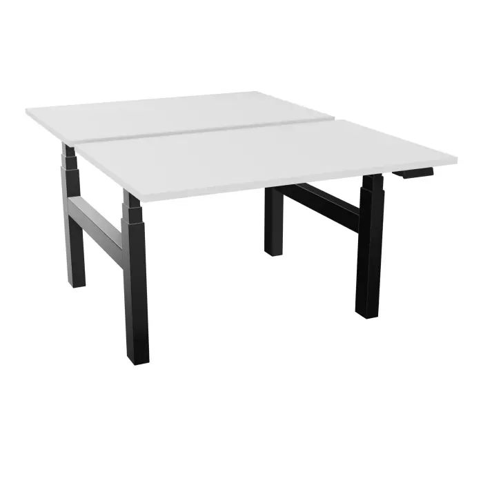 Bureaux bench ERIN rectangulaires L. 120 x P. 80 cm - plateau ep. 25 mm mélamine blanc neige - structure partagée métal lisse noir - réglable en haut par système motorisé - version EU