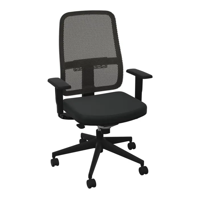 Siège Paul résille noire/tissu Bondaï noir mécanisme synchrone confort accoudoirs 1D piétement nylon noir avec roulettes pour sols souples