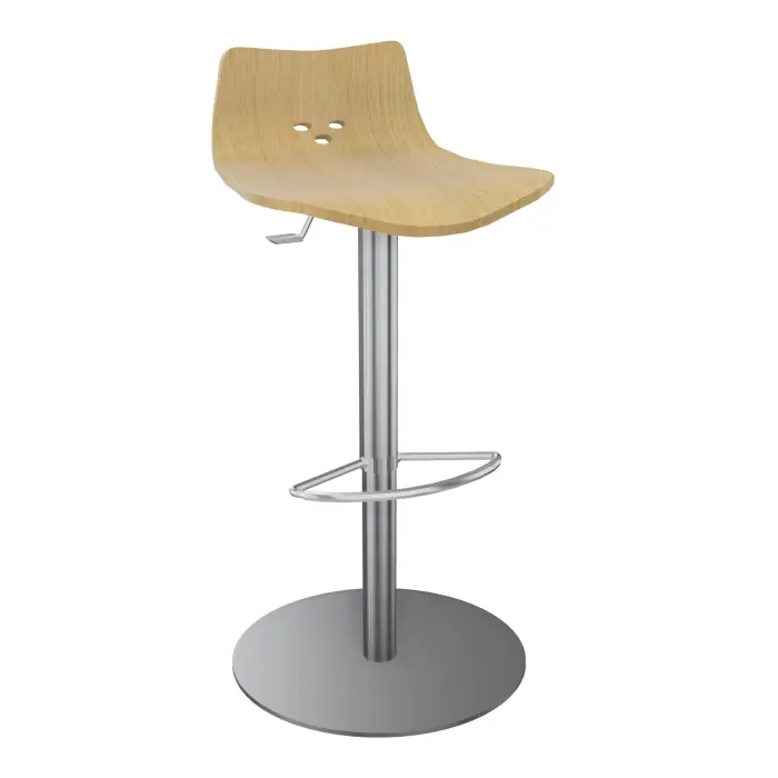 Lot de 2 tabourets hauts Spoon décor chêne clair sur pied central aluminium poli réglable en hauteur