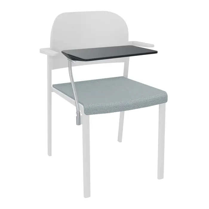 Chaise Romy assise tissu Bondaï gris nuage et dossier polypropylène blanc avec accoudoirs et tablette noire sur 4 pieds fixe métal blanc