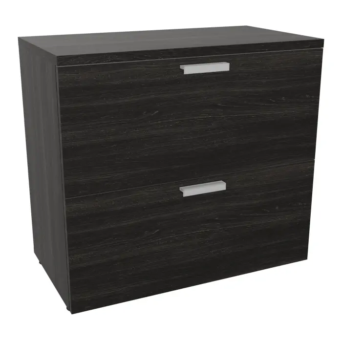 Classeur 2 tiroirs Armand H. 73,5 x L. 80 x P. 43,2 cm mélamine chêne café avec 2 tiroirs pour dossiers suspendus poignées métal gris aluminium
