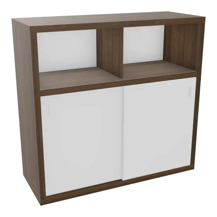 Armoire rangements déco Kara mélamine noyer brun 2 tablettes H. 115,4 x L. 120 x P. 46 cm - finition façade et dos mélamine blanc neige - 2 portes coulissantes mélamine blanc neige