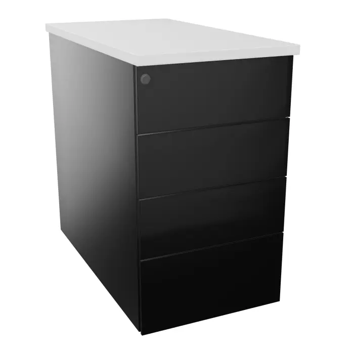 Caisson hauteur bureau métal lisse noir L. 43,2 x P. 80 x H. 73,5 cm 4 tiroirs plats top ép. 25 mm mélamine blanc neige