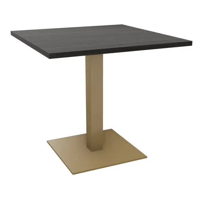 Table snack carrée H. 73,5 x L. 80 x P. 80 cm mélamine chêne café sur piétement central carré métal lisse laiton