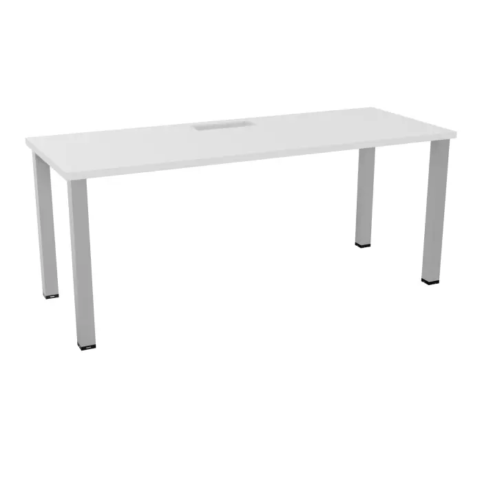 Kit extension Modulo L. 180 x P. 70 cm épaisseur 30mm plateau percé trappe mélamine blanc neige  + goulotte piètement carré métal lisse gris aluminium- capacité 3 personnes
