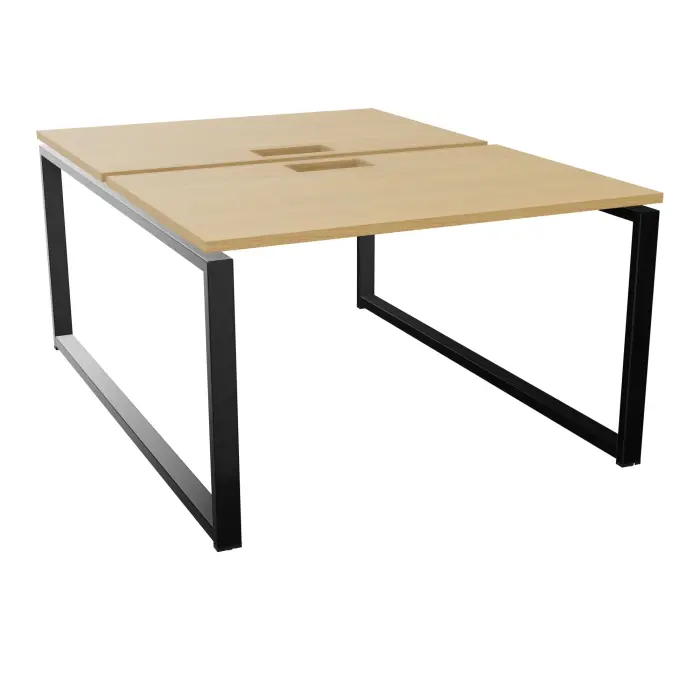 Bureau bench Conect L. 120 x P. 165 cm - 2 plateaux ép. 25 mm avec découpe pour trappes mélamine chêne clair - piétement boucle rectangulaire fixe métal lisse noir