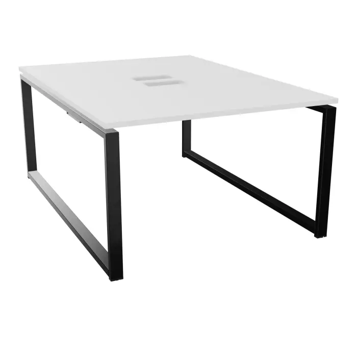 Bureau bench Conect L. 120 x P. 165 cm - monoplateau ép. 25 mm avec découpe pour trappes mélamine blanc neige - piétement boucle rectangulaire fixe métal lisse noir