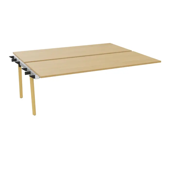 Bureau suivant bench Robin L. 200 x P. 165 cm 2 plateaux pré percé obturateurs mélamine chêne clair pied intermédiaire arche P. 165 bois hêtre massif vernis/métal lisse noir