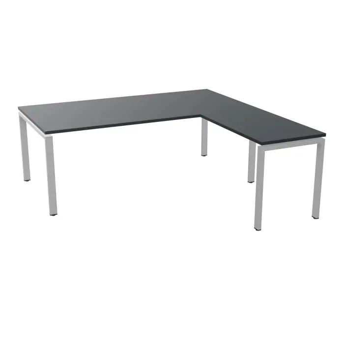 Table de bureau Rio rectangulaire avec retour suspendu H.73,5 x L. 200 x P. 200 cm mélamine noir velours piétement métal lisse gris aluminium