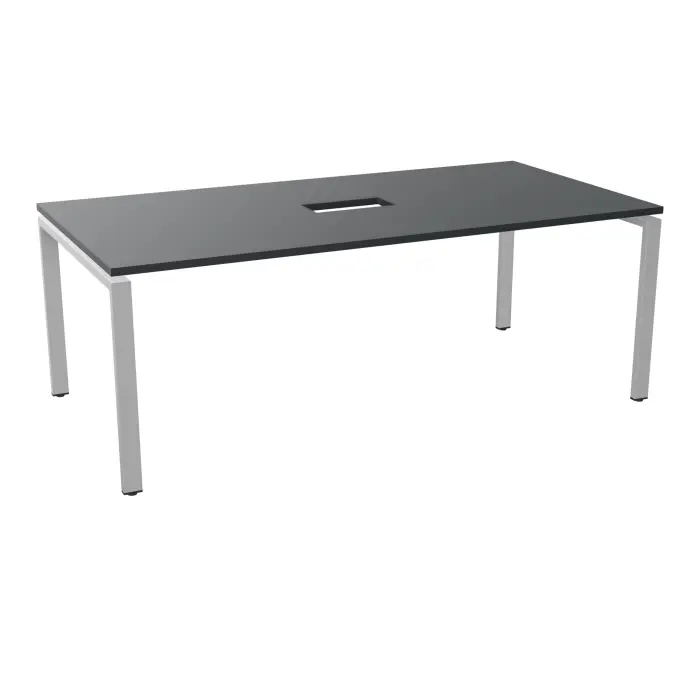 Table de réunion RIO rectangulaire L. 200 x P. 100 cm percé pour trappe mélamine noir velours sur piètement métal lisse gris aluminium