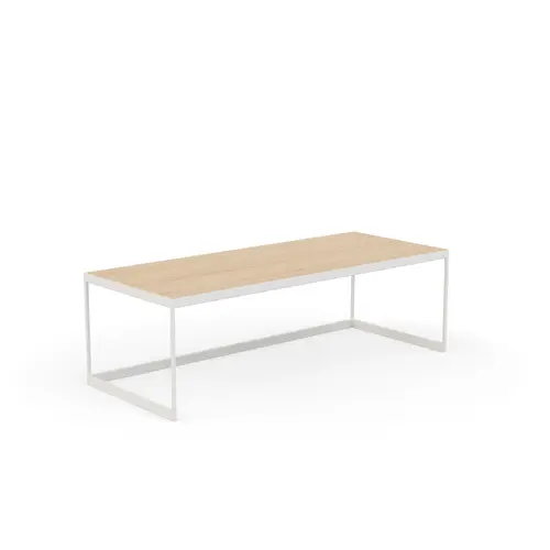 Table basse Suzy L. 110 x P. 45 cm - plateau mélamine Chêne naturel - piétement métal structuré blanc