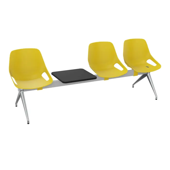 Poutre Rosalie 3 places + 1 tablette - assise polypropylène jaune - piétement aluminium poli - traverse métal gris aluminium