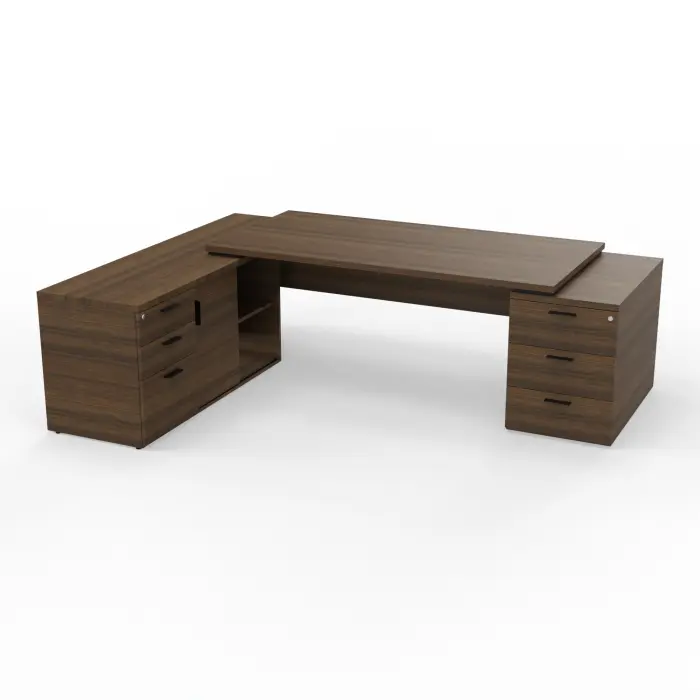 Bureau Kara rectangulaire L. 180 x P. 90cm mélamine noyer brun sur meuble de rangement porteur à gauche et caisson porteur à droite
