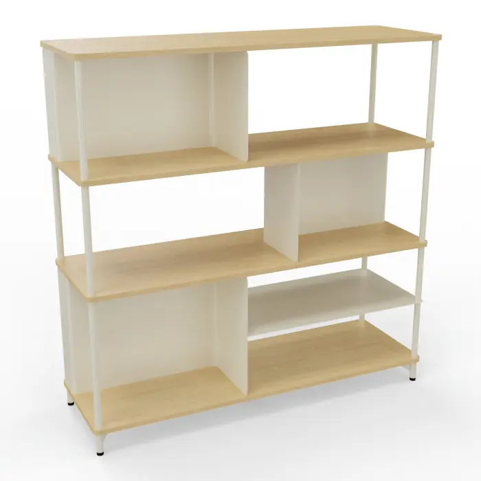 Bibliothèque Karl L. 141 cm x H. 143,5 cm x P. 45 cm 3 niveaux top et tablette mélamine Chêne naturel structure métal lisse blanc nacré