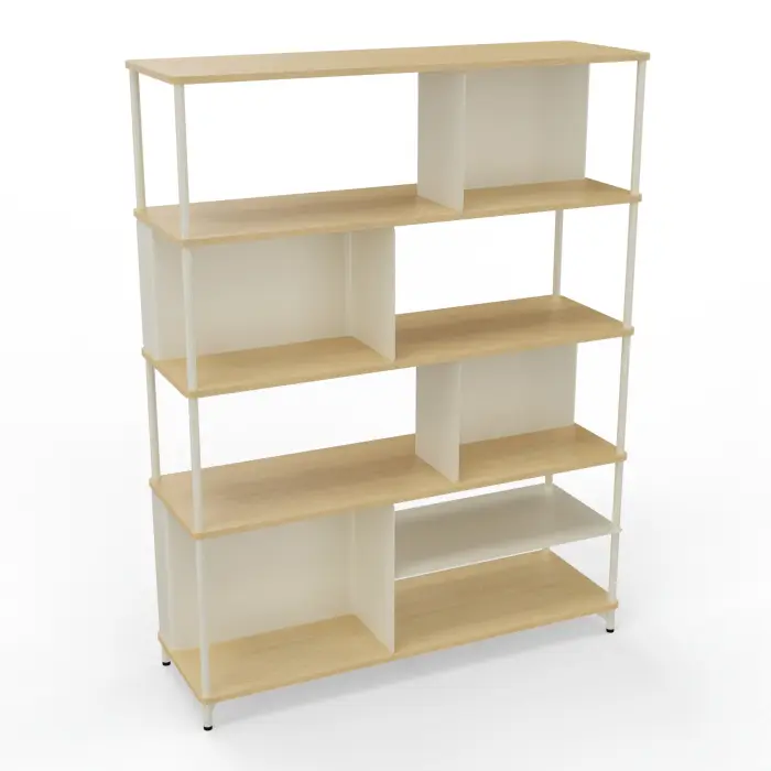 Bibliothèque Karl L. 141 cm x H. 184 cm x P. 45 cm 4 niveaux top et tablette mélamine Chêne naturel structure métal lisse blanc nacré