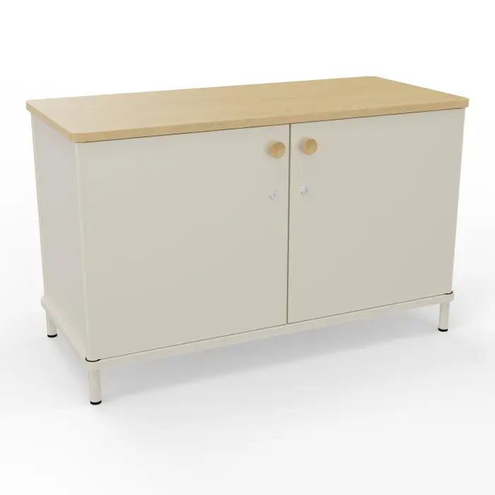 Crédence Karl 2 portes L. 100 cm x P. 45 cm x H. 62 cm top mélamine Chêne naturel corps mélamine lin avec portes métal lisse blanc nacré